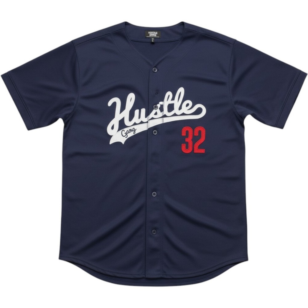 Hustle Gang Mens Navy Blue Baseball Jersey Script Logo Red 32 Size 2XL